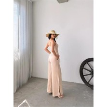 Fav Style Kadın Askılı V Yaka Crop Bluz ve Yüksek Bel Yırtmaçlı Cepli Pantolon Alt-Üst Takım