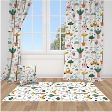 Fil ve Arabalar, Beyaz, Yeşil, Sarı, Ithal Kumaş, Çocuk ve Bebek Odası Fon Perde - 1 Kanat