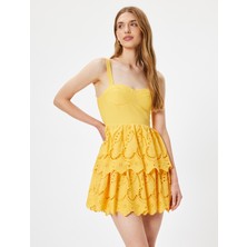 Koton Mini Fisto Elbise Askılı Kalp Yaka Katlı