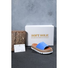 Soft Sole Kadın Mavi Renk Baskılı Hasırlı Eva Tabanlı Hakiki Deri Terlik