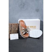 Soft Sole Kadın Altın Renk Hasırlı Eva Tabanlı Hakiki Deri Terlik