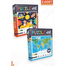 Neverland 2 Adet Puzzle - 50 Parça Ay Hayvanları ve 100 Parça Hayvan Dünya Haritası