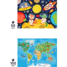 Neverland 2 Adet Puzzle - 50 Parça Ay Hayvanları ve 100 Parça Hayvan Dünya Haritası