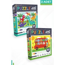 Neverland 2 Adet Puzzle - 24 Parça Sevimli Dinozorlar ve 50 Parça Hayvanlarla Otobüs