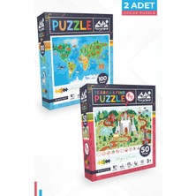 Neverland 2 Adet Puzzle - 100 Parça Hayvan Dünya Haritası ve 50 Parça Sihirli Tek Boynuzlu At