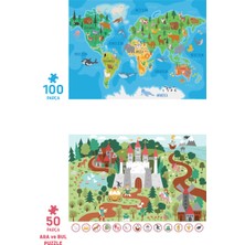 Neverland 2 Adet Puzzle - 100 Parça Hayvan Dünya Haritası ve 50 Parça Sihirli Tek Boynuzlu At