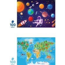 Neverland 2 Adet Puzzle 100 Parça Gezegenler ve 100 Parça Hayvan Dünya Haritası