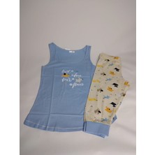 Vienetta Kadın Mavi Askılı Yazı Desenli  Kapri Pamuk Pijama Takımı