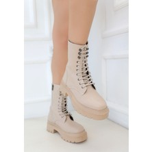 Alfaze Topuklu Yandan Fermuarlı Bağcıklı Bot Cilt Nude Topuk Boyu 3 cm