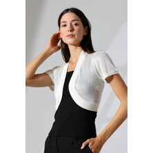 Şiir Puzi Kadın Penye Oval Etek Ajur Desenli Kısa Kollu Omuzları Büzgülü Kısa Hırka & Bolero - Ekru