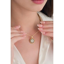 TMT Silver Gümüş Altın Kaplama Nazar Boncuklu Yuvarlak Çerçeveli Zirkon Taşlı Mavi Göz Kolye