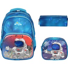 Relaxion RLX-1370 Erkek Çocuk Kalemlikli Beslenme Çantalı Üçlü Set Astronot Desenli Ilk Okul Çantası Sırt Çantası