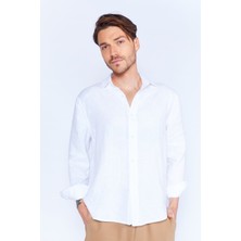 Edition Beyaz  Saf Keten Kumaş Regular Kalıp Rahat Dökümlü Uzun Kol Gömlek