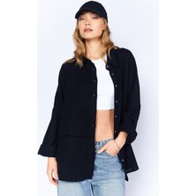 Edition Siyah Müslin Uzun Yıkamalı Oversize Rahat Kalıp Parçalı Kadın Düz Basic Gömlek| EDI100166905-6905