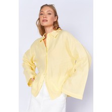 Edition Kadın Oversize Gömlek Limon Sarı Uzun Kollu Yıkamalı Müslin Günlük Düz Desen