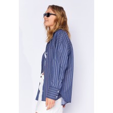 Edition Lacivert Kadın Çizgili Oversize Gömlek| EK1007430-7430