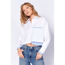 Edition Beyaz Cep ve Manşet Detaylı Crop Çizgili Gömlek| EK1000169146-9146