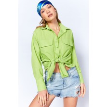 Edition Fosfor Yeşili Çift Cep Kapaklı Keten Görünümlü Kadın Gömlek| EK100169410-9410