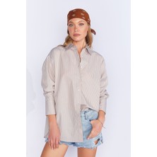 Edition Taş Çizgili Uzun Oversize Rahat Kalıp Basic Kadın Gömlek| EK334348-7174
