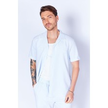 Edition Mavi Gofre Çizgili Cep Detaylı Kısa Kol Apaş Yaka Erkek Gömlek EE100114629-4629