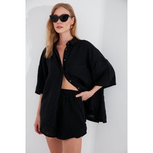 Edition Siyah Müslin Kadın Rahat Kesim ŞORT-7205