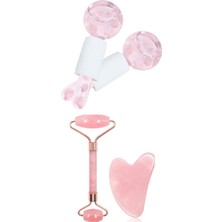 Welta Gua Sha Ice Globes Buz Küresi Soğuk Masaj Topu 2 Adet ve Pembe Kuvars Face Roller &pembe Kuvars Kal