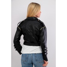 Sare Mod Kadın Siyah Crop Ceket Deri Mont