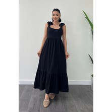 Giyimmasalı Keten Kumaş Omuzu Fiyonk Detaylı Elbise - Siyah