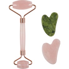 İlterus Gua Sha Pembe Kuvars Face Roller , Pembe Kuvars Kalp ve Yeşim Kalp Gua Sha Set Sıkılaştırıcı Yeşil