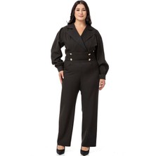 Disentis Modest Büyük Beden Kruvaze Yaka Metal Düğmeli Fermuarlı Siyah Tulum