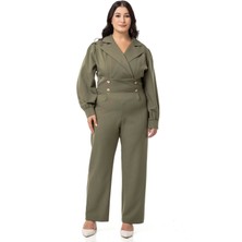 Disentis Modest Büyük Beden Kruvaze Yaka Metal Düğmeli Fermuarlı Haki Tulum