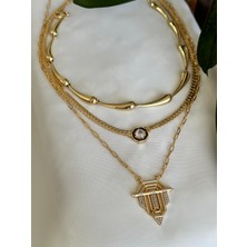 Mi Brillo Accessories Serenay 3lü Şövalye Ince Hasır ve Çelik Su Damlalı Kolye