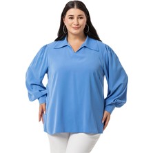 Disentis Modest Büyük Beden Gömlek Yaka Manşetli Yanı Yırtmaçlı Indigo Bluz