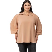 Disentis Modest Büyük Beden Gömlek Yaka Manşetli Yanı Yırtmaçlı Camel Bluz