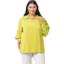 Disentis Modest Büyük Beden Gömlek Yaka Manşetli Yanı Yırtmaçlı Fıstık Yeşili Bluz