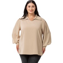 Disentis Modest Büyük Beden Gömlek Yaka Manşetli Yanı Yırtmaçlı Bej Rengi Bluz