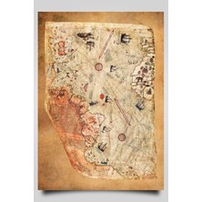 Hari Tasarım Piri Reis 1513 Dünya Haritası- Eskitme Zemin, Yazısız Yatay Veya Dik Kullanılabilen-Çerçevesiz Poster-Harita Sanatı