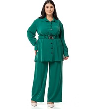 Disentis Modest Büyük Beden Beli Kemerli Gömlek Pantolon Zümrüt Ikili Takım