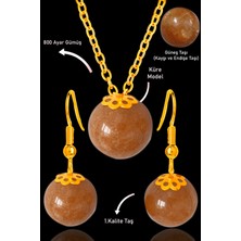 Tesbih Atölyesi Sertifikalı Gold Küre Model Güneş Taşı Kolye ve Küpe Seti - Gümüş Aparatlı - Koyu Renk