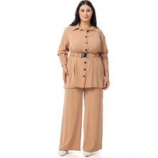 Disentis Modest Büyük Beden Beli Kemerli Gömlek Pantolon Camel Ikili Takım
