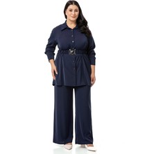 Disentis Modest Büyük Beden Beli Kemerli Gömlek Pantolon Lacivert Ikili Takım