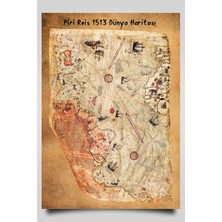 Hari Tasarım Piri Reis 1513 Dünya Haritası-Eskitme Zemin, Yazılı-Çerçevesiz Poster-Harita Sanatı, Map Art Design