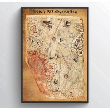 Hari Tasarım Piri Reis 1513 Dünya Haritası-Eskitme Zemin, Yazılı-Çerçevesiz Poster-Harita Sanatı, Map Art Design