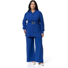 Disentis Modest Büyük Beden Beli Kemerli Gömlek Pantolon Saks Mavi Ikili Takım