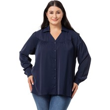 Disentis Modest Büyük Beden Yakalı Önü Büzgü Robalı Uzun Kol Lacivert Gömlek