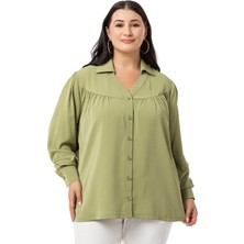 Disentis Modest Büyük Beden Yakalı Önü Büzgü Robalı Uzun Kol Çağla Yeşili Gömlek