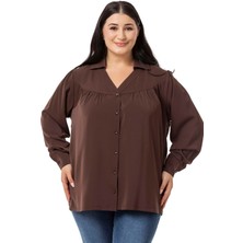 Disentis Modest Büyük Beden Yakalı Önü Büzgü Robalı Uzun Kol Kahverengi Gömlek