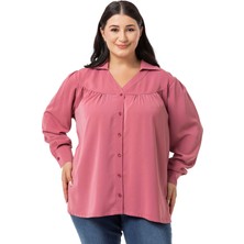 Disentis Modest Büyük Beden Yakalı Önü Büzgü Robalı Uzun Kol Gül Kurusu Gömlek