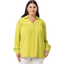 Disentis Modest Büyük Beden Yakalı Önü Büzgü Robalı Uzun Kol Fıstık Yeşili Gömlek