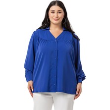 Disentis Modest Büyük Beden Yakalı Önü Büzgü Robalı Uzun Kol Saks Mavi Gömlek